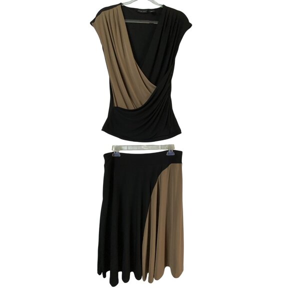New York & Company Stretch Skirt & Top Set Black Tan Medium Classic Feminine Hot - Picture 1 of 5